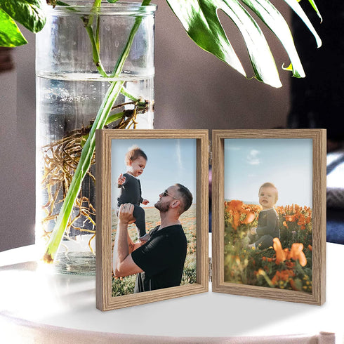 ORIVAN 2 Pack 5x7 Double Picture Frames Hinged Folding Photo Frames with Glass Vertical Stand Frames (Grain)
