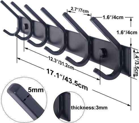 WEBI Coat Rack Wall Mounted,17-1/8 Inch Coat Hooks for Hanging Coats,Heavy Duty Metal Hook Rack Rail with 6 Double Dual Hooks Coat Hanger Wall Mount for Purse Clothes Jacket Backpack Entryway,Black