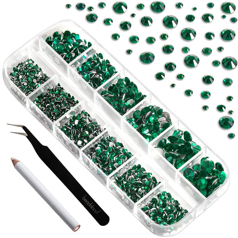 Beadsland Rhinestones for Makeup,8 Sizes 2500pcs Green Flatback Rhinestones Face Gems for Nails Crafts with Tweezers and Wax Pencil,Emerald,SS4-SS30