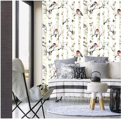 HaokHome 92075 Peel and Stick Forest Wallpaper Birch Tree Birds Mural White/Beige/Grey/Red Removable for Wall Decorations 17.7in x 118in