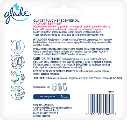 Glade PlugIns Refills Air Freshener, Scented and Essential Oils for Home and Bathroom, Radiant Berries, 2.01 Fl Oz, 3 Count