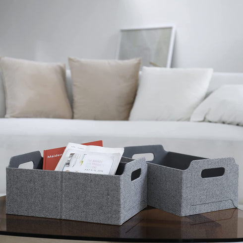 LA JOLIE MUSE Foldable Storage Baskets for Shelves, Stackable Rectangle Basket Set of 2 for Toys Makeup Books Closet Organizing, Modern Tweed Fabric, Grey