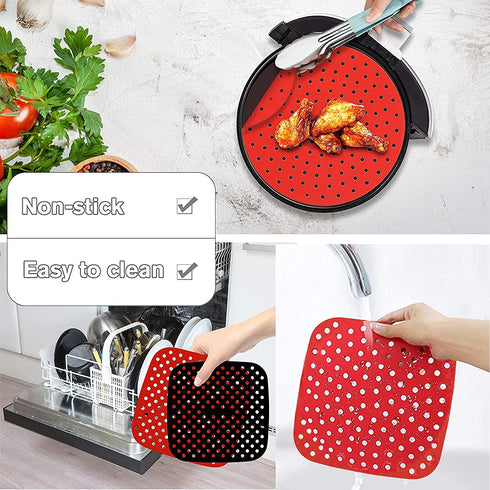 3 PCS Reusable Air Fryer Liners,Square Air Fryer Silicone Liners for Air Fryer Basket,Non-Stick Air Fryer Accessories Basket Mats Replacement for Parchment Paper, BPA Free. (Black Red Green, 8.5 in)