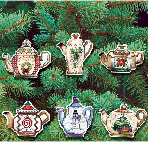 Prima Marketing 21-1486 14 Count Christmas Teapot Ornaments Counted Cross Stitch Kit, 3-Inch, Set of 6