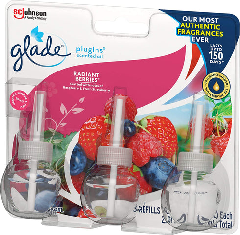 Glade PlugIns Refills Air Freshener, Scented and Essential Oils for Home and Bathroom, Radiant Berries, 2.01 Fl Oz, 3 Count