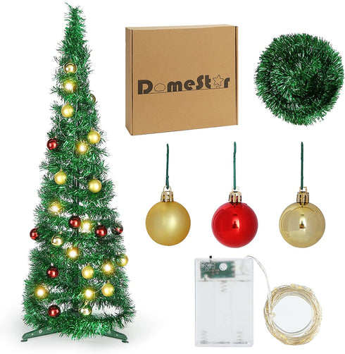 DomeStar 2.9Ft Tinsel Prelit Christmas Tree, Pop Up Artificial Pencil Slim Tree with 15PCS Christmas Balls for Xmas Decor Holiday Carnival Party Decorations