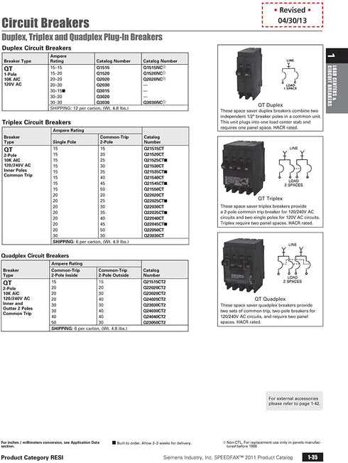 Siemens Q2020 Two 20-Amp Single Pole 120-Volt Circuit Breakers, for use only where Type QT breakers are allowed