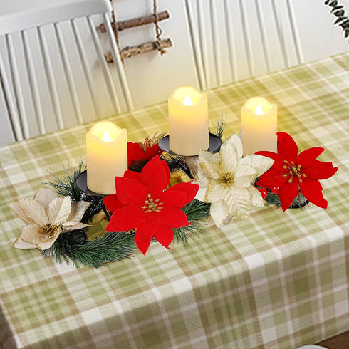 Hausse Christmas Poinsettia Centerpiece with 3 Flameless LED Candles, Chiristmas Candle Holders Advent Wreath, Xmas Tabletop Candleabrum for Home Holiday Party Table Mantel Display