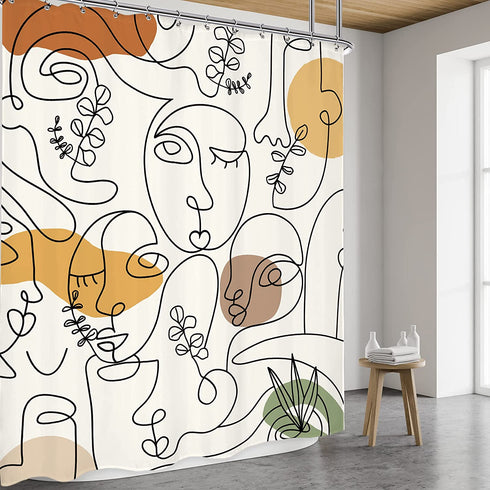 Riyidecor Abstract Human Face Terracotta Shower Curtain 60Wx72H Inch Eucalyptus Minimalist Plant Modern Mid Century Aesthetic Portrait 12 Pack Plastic Hooks Fabric Waterproof Home Bathtub Decor
