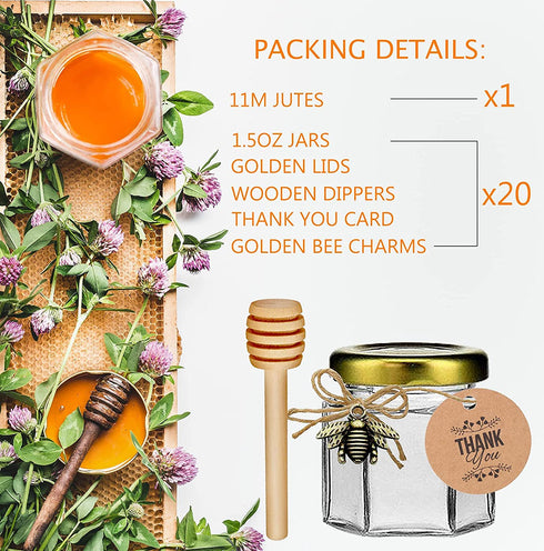 DnayDkiy 20-Count 1.5 oz Mini Hexagonal Glass Honey Jars - Small Honey Jars with Wooden Dippers, Bee Charms, Thank You Cards and Jutes - Honey Jars with Gold Lids for Baby Shower, wedding and Party Favors