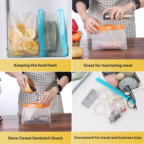 WIINXING Reusable Food Storage Bags- 12 Pack BPA FREE Stand Up and Flat Freezer Bags( 6 Large Leakproof Sandwich Bags + 6 Medium Food Grade Kids Snack Bags) Resealable Lunch Bag for Meat Fruit Veggies