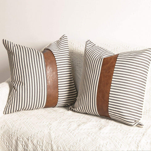 Farmhouse Decoration Pillow Covers 18x18 inch Set of 2 Modern Faux Leather and Ticking Stripe Pillow Covers Boho Indoor Outdoor Decor Cushion Covers for Couch Sofa,Gray