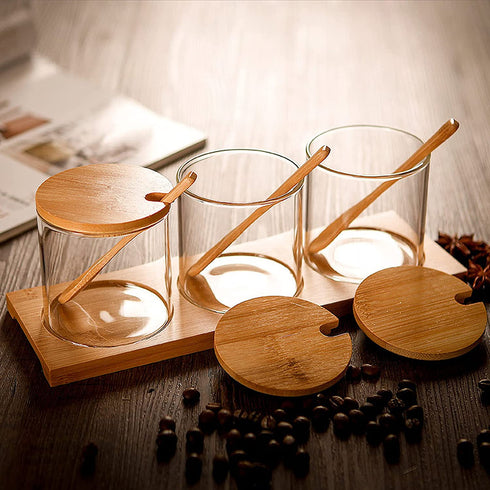 Hniuyun Condiment Container Seasoning Box Set, Glass Condiment Canisters Pots, Salt Sugar Spice Coffee Jar with Bamboo Wooden Spoon Lid and Base, Set of 3