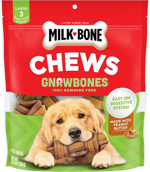 Milk-Bone Gnaw Bones Rawhide Free Dog Chew Treats, Peanut Butter & Chicken, 3 Large Knotted Bones