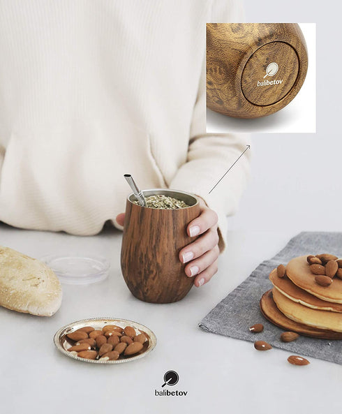 BALIBETOV Modern Mate Cup And Bombilla Set (Yerba Mate Cup) -Yerba Mate Set includes Double Walled 18/8 Stainless Steel Mate Tea Cup, Two Bombilla Mate (Straw) and a Cleaning Brush (Wood, 12)