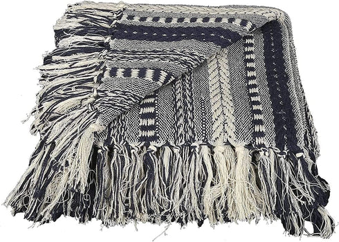 Soft Boho Throw Blankets - Warm and Cozy Home Decor Pure Cotton Woven Stripe Blanket with Fringe for Sofa and Couch, Everyday Use Navy Blue - 60 x 50 Inches
