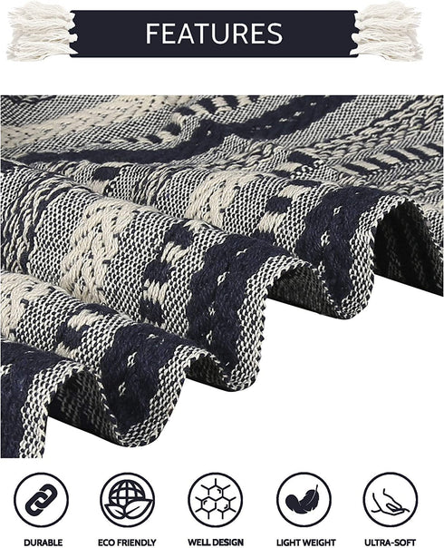 Soft Boho Throw Blankets - Warm and Cozy Home Decor Pure Cotton Woven Stripe Blanket with Fringe for Sofa and Couch, Everyday Use Navy Blue - 60 x 50 Inches