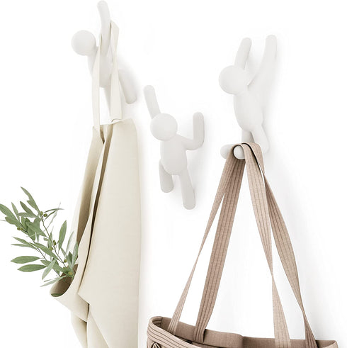 Umbra Buddy Decorative Wall Mounted Hooks for Hanging Coats, Scarves, Bags, Purses, Backpacks, Towels and More, Set of 3, White, 3 Count