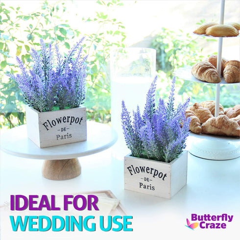Butterfly Craze Artificial Lavender Plants in White Box Pots (Set of Two) Rustic Home Decor and Beautiful Lifelike Faux Silk Flower Arrangements for Kitchen, Office, Weddings & Beyond - White Boxes