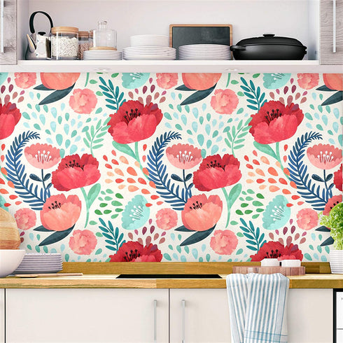 Blooming Wall Peel&Stick Red Flower Green Leaves Self-Adhesive Prepasted Wallpaper Wall Mural (Red Floral)