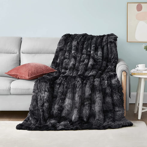 Comaza Soft Fuzzy Faux Fur Throw Blanket,Reversible Lightweight Shaggy Fluffy Cozy Plush Fleece Comfy Furry Sherpa Microfiber Blanket for Couch Sofa Bed,as Gift Home Decor(Tie Dye Black,Throw 50"x60")