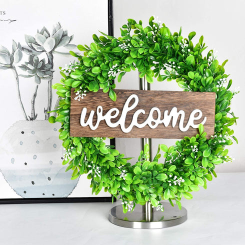 Lvydec Artificial Boxwood Wreath - 15" Welcome Wreath with Wooden Welcome Sign and White Flower Green Wreath for Front Door Window Home Decoration