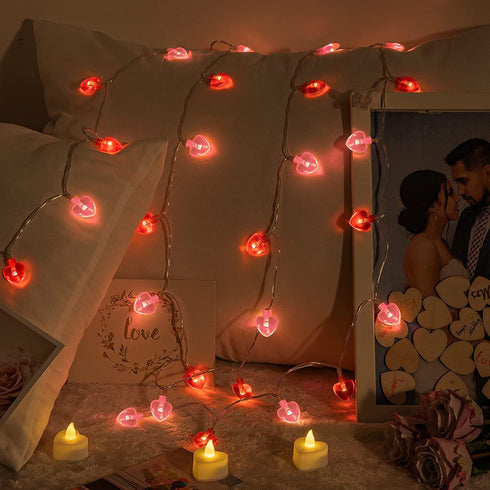 Valentine's Day Heart String Lights, 11ft 8Modes 30LED Red and Pink String Light Battery Operated with Remote, Timing Function Valentines Decoration Light String for Bedroom Wedding Anniversary Party