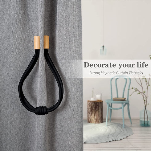 Porlepuo Magnetic Curtain Tiebacks 2-4 Pack, Curtain Holdbacks in Elastic Rope, Decorative Curtain Ties 20.6 inches for Thin or Thick Home Office Drapes (Black, 4)