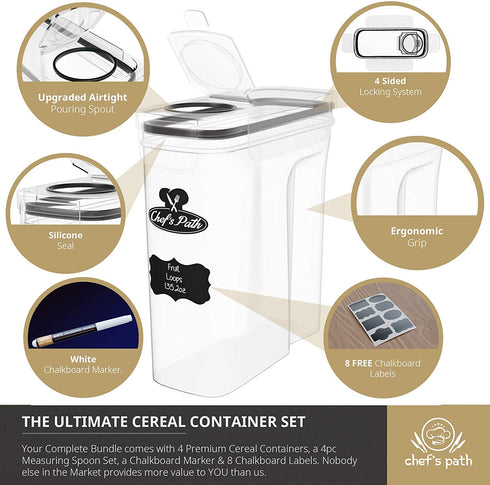 Cereal Containers Storage Set, Airtight Food Storage Containers, Kitchen & Pantry Organization, 8 Labels, Spoon Set & Pen, Great for Flour - BPA-Free Dispenser Keepers (135.2oz) - Chefs Path (3)