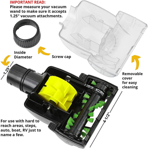 ALL PARTS ETC. Air Suction Driven Turbo Brush Vacuum Nozzle Tool, Pet Hair Vacuum Attachment Compatible with 1.25? Vacuum Fitting for Shop Vac, Bissell, Nutone, Eureka, Beam and other Central Vacuums