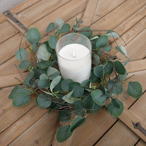 idyllic Eucalyptus Leaves Wreath Metal Polyester Fabric Paper Round Green Wreath 14 Inches for The Front Door D©cor, 2 Packs