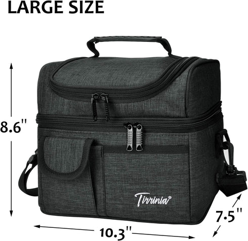 Tirrinia Insulated Lunch Bag, Leakproof Thermal Bento Cooler Tote for Women and Men, Dual Compartment with Shoulder Strap, 10.3" x 7.5" x 8.6", Black