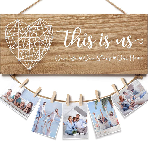 Mothers Day Gifts for Mom Women, Housewarming Gifts New Home Wall Decor Sign, This Is Us Family Picture Frame Wedding Gifts for Couples Farmhouse Rustic Wood Hanging Photo Holder New Homeowner Gifts