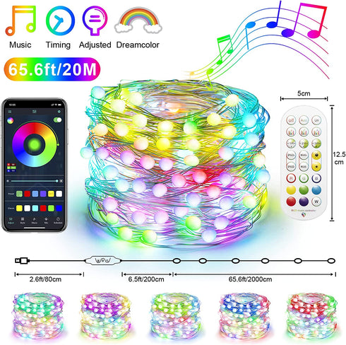 HOUHUI Fairy String Lights, 65.6ft Rainbow Fairy Lights for Bedroom, App Control LED Fairy Lights USB Plug in with Remote, Waterproof Music Sync LED String Lights for Indoor Outdoor Christmas Lights