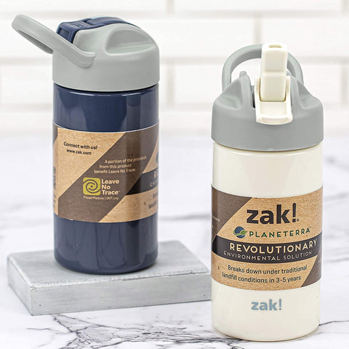 Zak Designs Planeterra Ivory & French Navy 18 oz Set of 2 Reusable Straw Water Bottle with Built-In Handle for Travel, Made with Durable Plastic