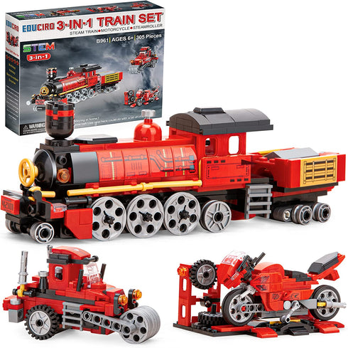 Educiro Train Sets for Boys Age 6-10, 3 in 1 City Building Kit Motorcycle Tractor Creative Educational Birthday Gift, Stem Projects Toys for Kids 6 7 8 9 10 Year Old, 305 Pieces