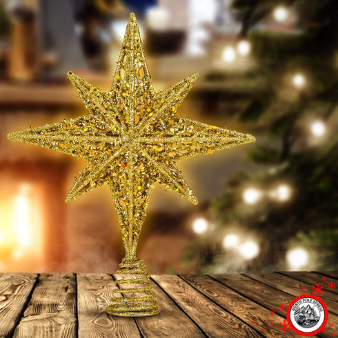 8 Inch Bethlehem Glitter Gold Star Christmas Tree Topper | Christmas Tree Toppers | Christmas Star Tree Topper | Rustic Tree Toppers Christmas Decorations | Christmas Tree Topper Star For 3-6 ft Trees