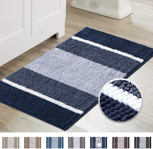 Flamingo P Super Cozy Shag Chenille Bath Rug, Gradient Navy Stripe Pattern Machine Washable Microfiber Plush Bathmat, Ultra Absorbent Mat with Non Slip Backing for Bathroom Landry, (20×32 inch, Navy)