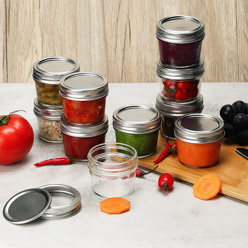 Small Mason Jars 4 oz - 12 Pack Glass Canning Jars with Regular Airtight Lids and Bands, Mini Clear Mason Jars for Preserving, Honey, Jam, Baby Food, Kitchen Spices, Tea, DIY Projects, Dishwasher Safe