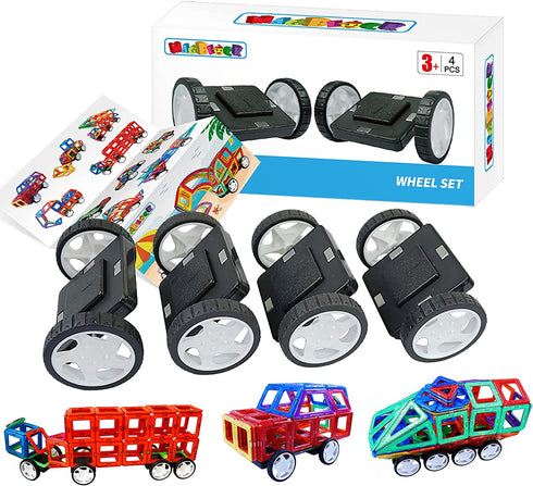 MAGBLOCK 4 Pieces Wheels Set, Compatible with Other Brands of Standard Size Square Shape with Hole Magnetic Blocks, are not Suitable to Magnetic Tile Without Hole, Wheels Bases for Kids/Toddler Toys