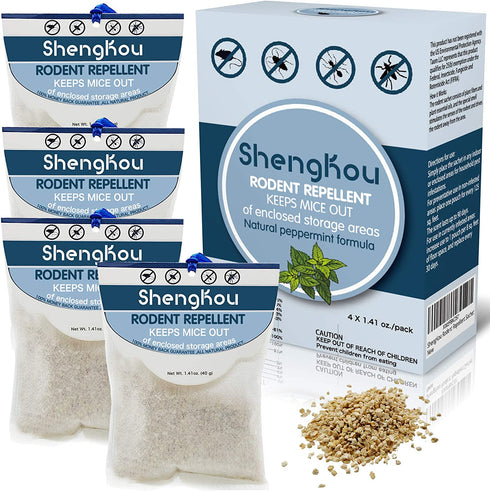 ShengKou Deterrent Mouse Repellent Pouches, Keep Rodent, Mice, Rats Away from Your House, Indoor, Cars, Vehicles, Home (4 Packs)