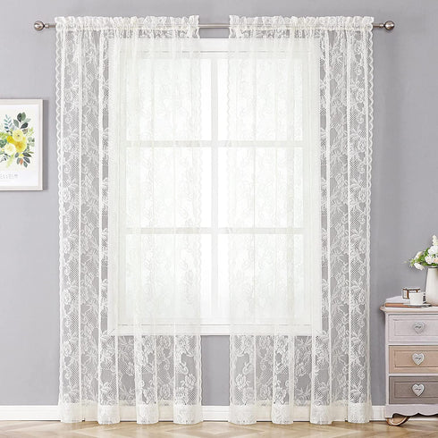 Floral Beige Semi Sheer Curtains 2 Panels,Vintage Lace Embroidered Window Treatments Girls Room Drapes and Curtains for Kitchen Bedroom Nursery Living Room Small Window, 60 x 63 Inch Length