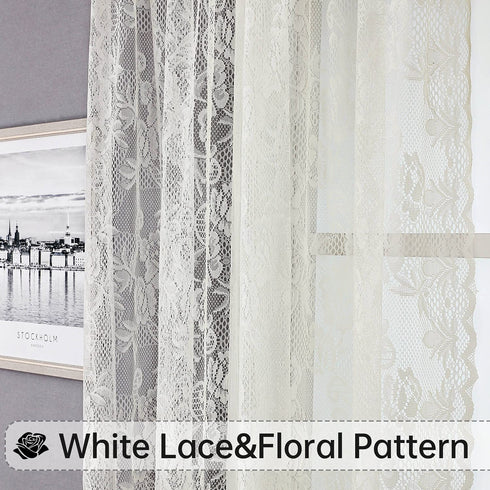 Floral Beige Semi Sheer Curtains 2 Panels,Vintage Lace Embroidered Window Treatments Girls Room Drapes and Curtains for Kitchen Bedroom Nursery Living Room Small Window, 60 x 63 Inch Length