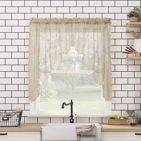 No. 918 Alison Floral Lace Sheer Rod Pocket Kitchen Curtain Swag Pair, 58 in x 38, Stone