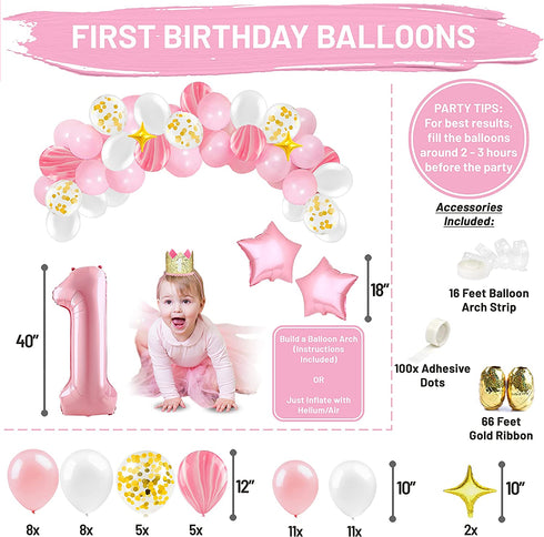 Baby Girl First Birthday Decorations - 1st Birthday Girl Decoration Pink Gold Party Supplies - Happy First Birthday Banner, Number 1 Balloon and Crown, Balloon Arch, High Chair Banner, ONE Cake Topper