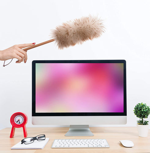 DSV Standard Lambswool Duster with Bamboo Handle, 24 Wool Duster with Leather Hang Strap for Storage, Perfect for Cleaning Ceiling Fans, Window Blinds, Computer Screens & Keyboards, Bookshelves