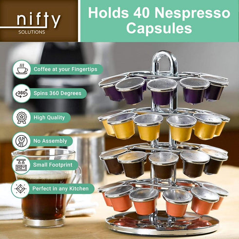 Nifty Nespresso Capsule Carousel 40 Coffee Pod Storage Holder, Spins 360-Degrees, Lazy Susan Platform, Modern Chrome Design, Home or Office Kitchen Counter Organizer