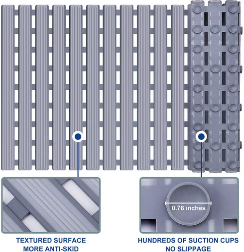 KMAT Shower Mat Non Slip Bathtub Mats Bath Mats for Shower Tub with Suction Cups and Drain Holes,Bathmat Bath Tub Mat (BPA, Latex, Phthalate Free)-Grey
