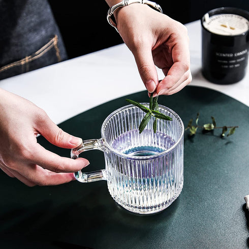 Glass Mugs, Iridescent Glass Coffee Mug with Lid, Glass Coffee Cups, Extra Large Glass Coffee Mug with lids, Clear Mugs for Coffee,12.5 Ounces, Bamboo Lid