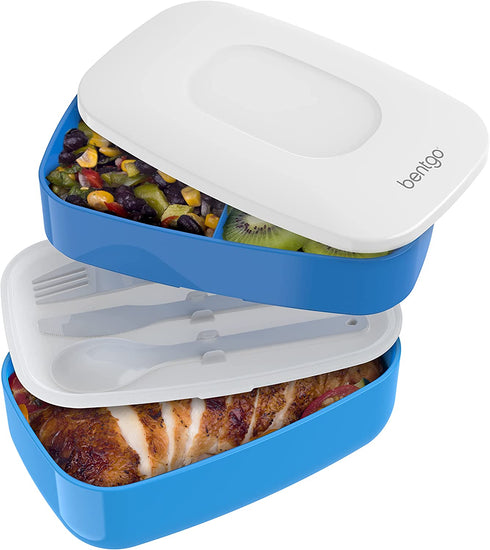 Bentgo Classic - All-in-One Stackable Bento Lunch Box Container - Modern Bento-Style Design Includes 2 Stackable Containers, Built-in Plastic Utensil Set, and Nylon Sealing Strap (Blue)